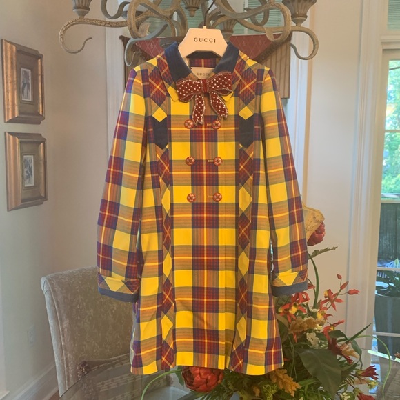 { Gucci } Checkered Plaid Acid Yellow Peacoat Girl - Picture 4 of 8